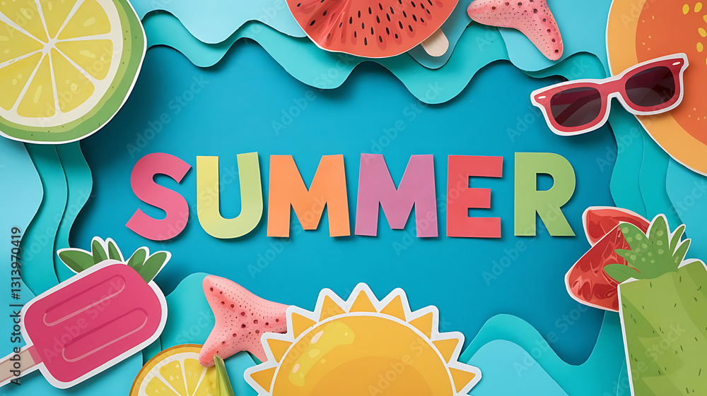 Fototapete hello summer greeting 3d vector | typography with sun & palm tree | paper cut style | blue dot patte