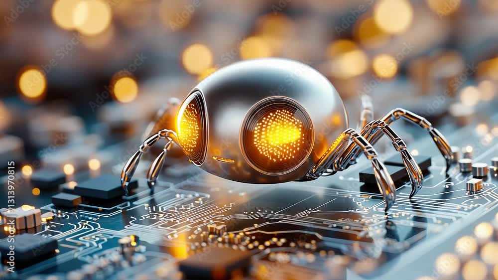 Poster futuristic robotic insect on circuit board with glowing eyes and advanced technology.