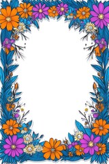 Fototapeta premium Flowers frame border background; colorful daisy plants in garden, decorative drawing for cards & invitations