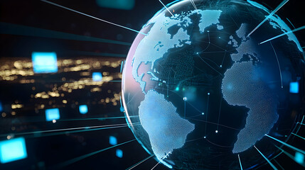 Obraz premium A Futuristic Transparent Hologram Of Planet Earth With North And South America Visible Illuminated By Blue Light Data Streams And A Dark Cityscape