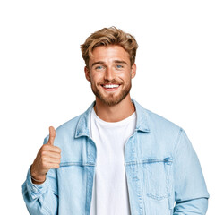 Fototapeta premium Cheerful young man in casual attire showing thumbs up gesture with a positive expression against a white background