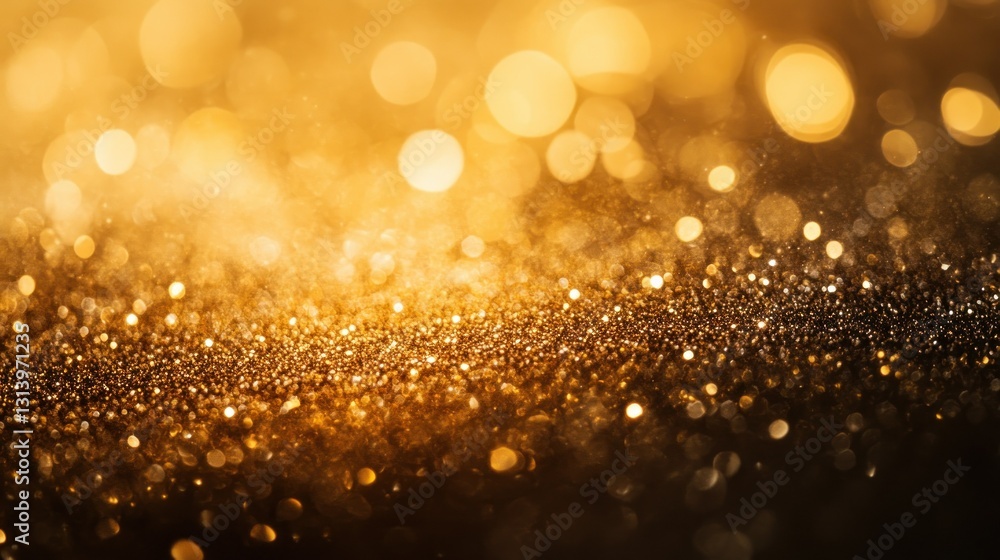 Poster sparkling golden glitter particles with bokeh effect creating depth and focus