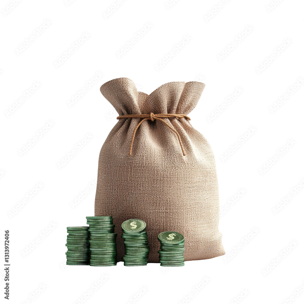 Poster burlap sack filled with stacked coins and scattered coins on a white background representing financi