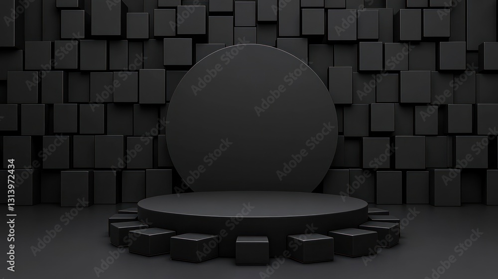 Poster monochromatic black cube background with circular podium display