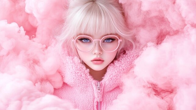 Pastel Dream: A Porcelain Doll in a Pink Cloud