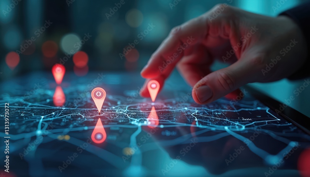 Poster Hand touching digital interactive map interface with glowing location pins. Modern navigation tech, exploring route. App displays city infrastructure, communication system. Online GPS tracking,