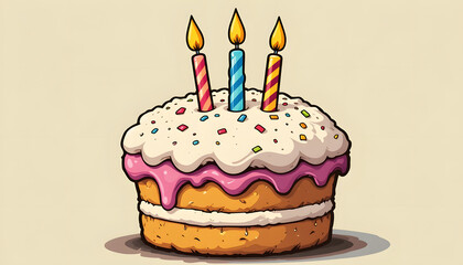 birthday cake with wavy frosting and three striped candles, illustrated in a comic-style with bright colors