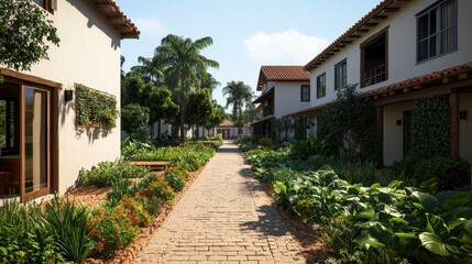 Fototapeta premium Beautiful Garden Pathway Surrounded by Charming Residential Homes
