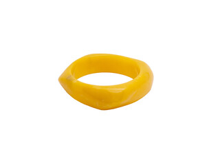 Bright yellow abstract ring with irregular angular design highlighting a bold geometric style
