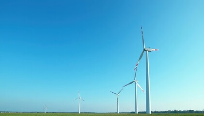 Clean energy wind turbines, blue sky backdrop, bright, summer