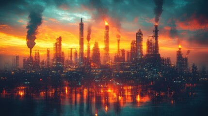 Fototapeta premium in creative graphic design future factory plant and energy industry concept refineries for oil gas and petrochemicals with double exposure showing future power and energy industry