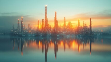 Naklejka premium in creative graphic design future factory plant and energy industry concept refineries for oil gas and petrochemicals with double exposure showing future power and energy industry