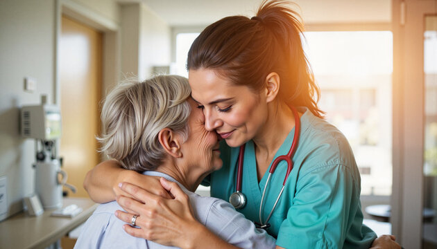 Nurse embracing elderly patient in hospital with care and compassion. hospice,, day of the elderly, caring for parents, continuity of generations