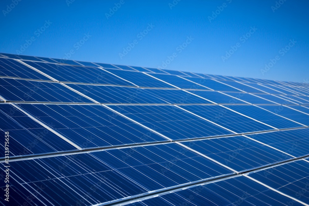 Poster a close-up view of solar panel array reflecting sunlight under a clear blue sky. this image captures