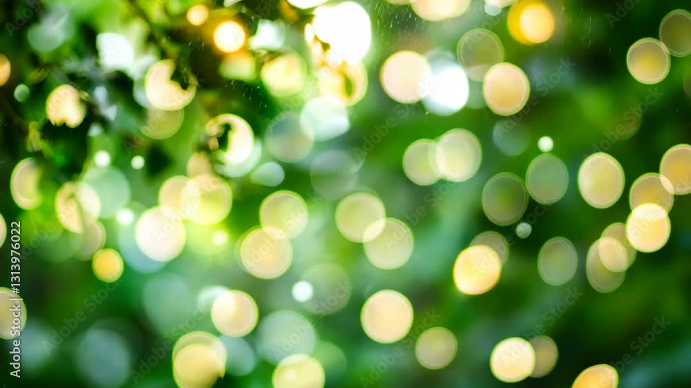 Poster sunlight filtering through leaves creates a shimmering effect in a lush forest during a gentle rain