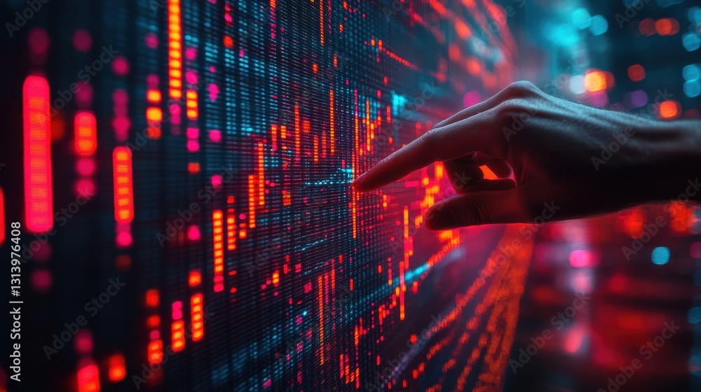 Poster increasing in stock prices stock market data analyst pointing candlestick chart many up arrows