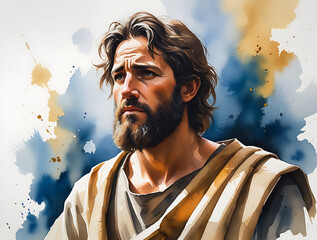 Watercolor Painting Illustration of Thomas, Thomas was nicknamed "Thomas of Little Faith" because he did not believe in the resurrection of Jesus until he was given real evidence.