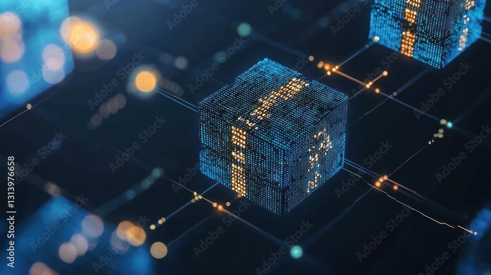 Poster abstract digital cube structures with blue and orange glowing networks