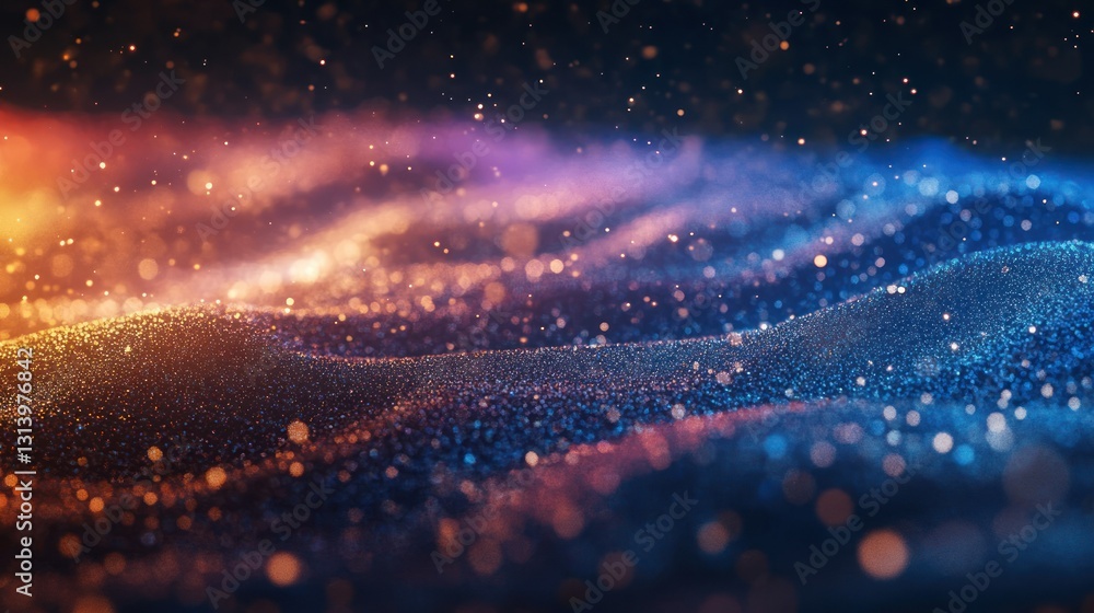 Poster abstract rendering displays sparkling particles and fluid colorful waves