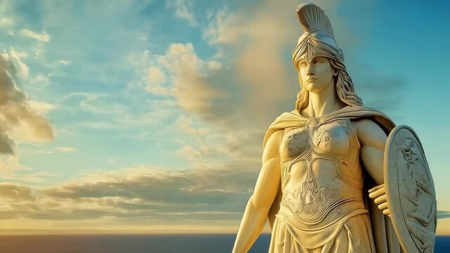 A magnificent statue of Athena, the ancient Greek goddess of wisdom, craft, and warfare. Sea and clouds in background.