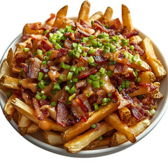 A Plate of Loaded Fries with Bacon Bits and Green Onions Isolated on Transparent Background
