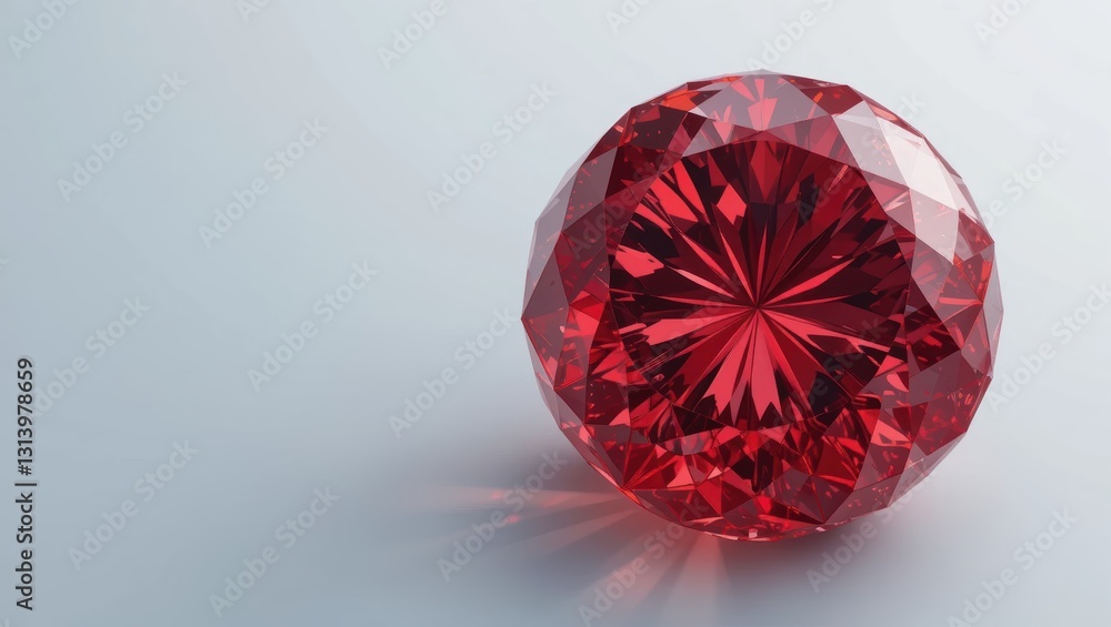 Poster Intricate Red Ruby Gemstone Displaying Faceted Cut with Radiant Sparkle on Neutral Background