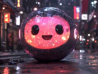 Vibrant Glowing Assistant Orb with Friendly Face and Technology Symbols