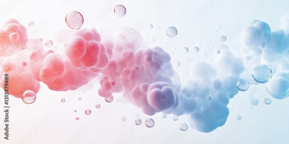 Poster dynamic abstract composition of soft bubbles in blue and red shades on light background