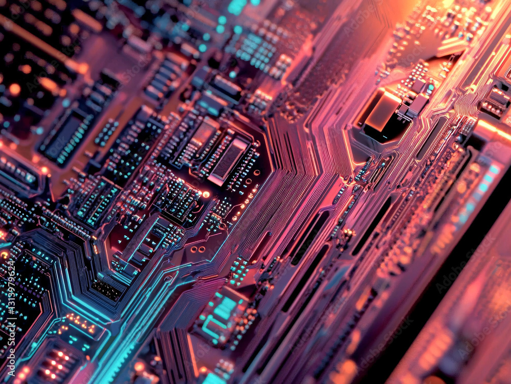 Poster detailed macro shot of a high-tech circuit board with neon pink and blue lighting highlighting the i