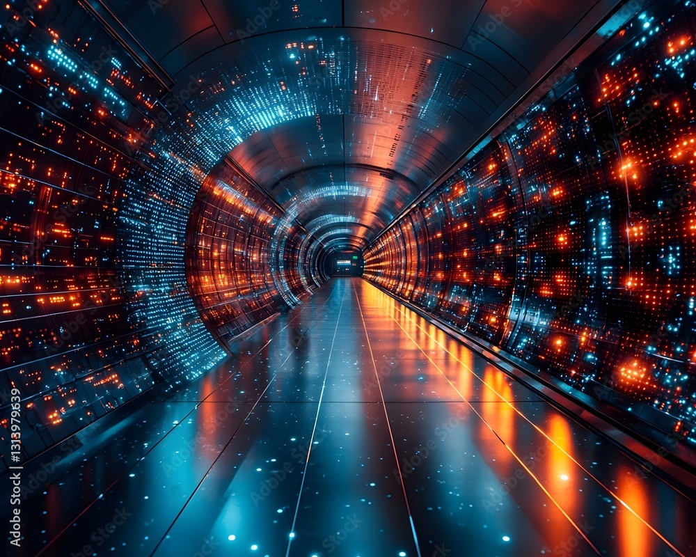 Poster dynamic server glowing in a futuristic data center with streams of light representing high speed inf