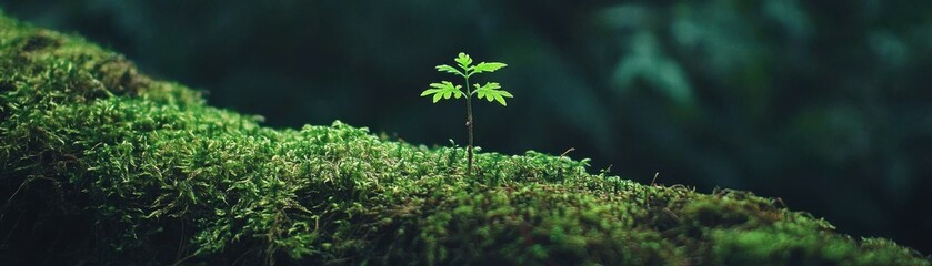 A small green seedling thrives amidst lush moss in a serene, forested environment, symbolizing growth and renewal.