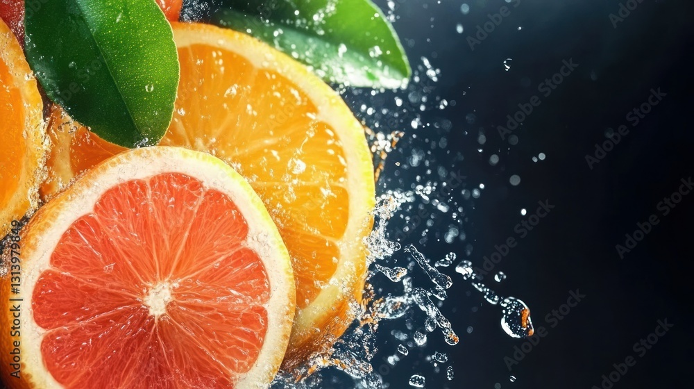 Poster sliced citrus fruit with water droplets creating a refreshing scene