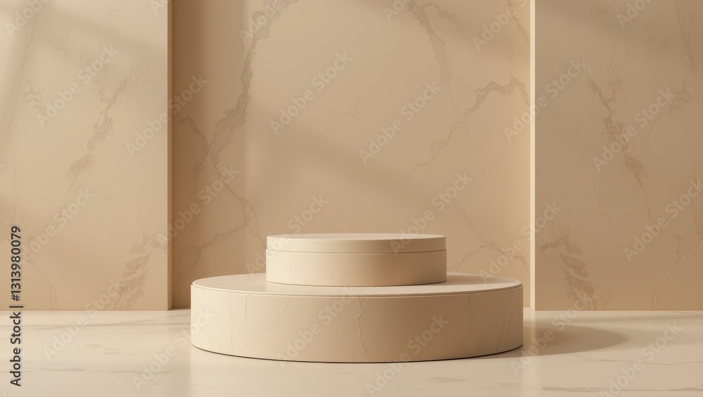 Poster minimalist abstract display pedestal on smooth beige background with soft shadows in modern studio