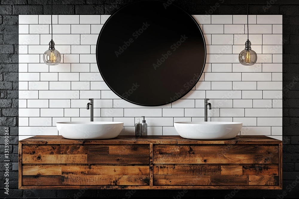 Poster the image shows a 3d rendering of a contemporary white bathroom that features a big round mirror and