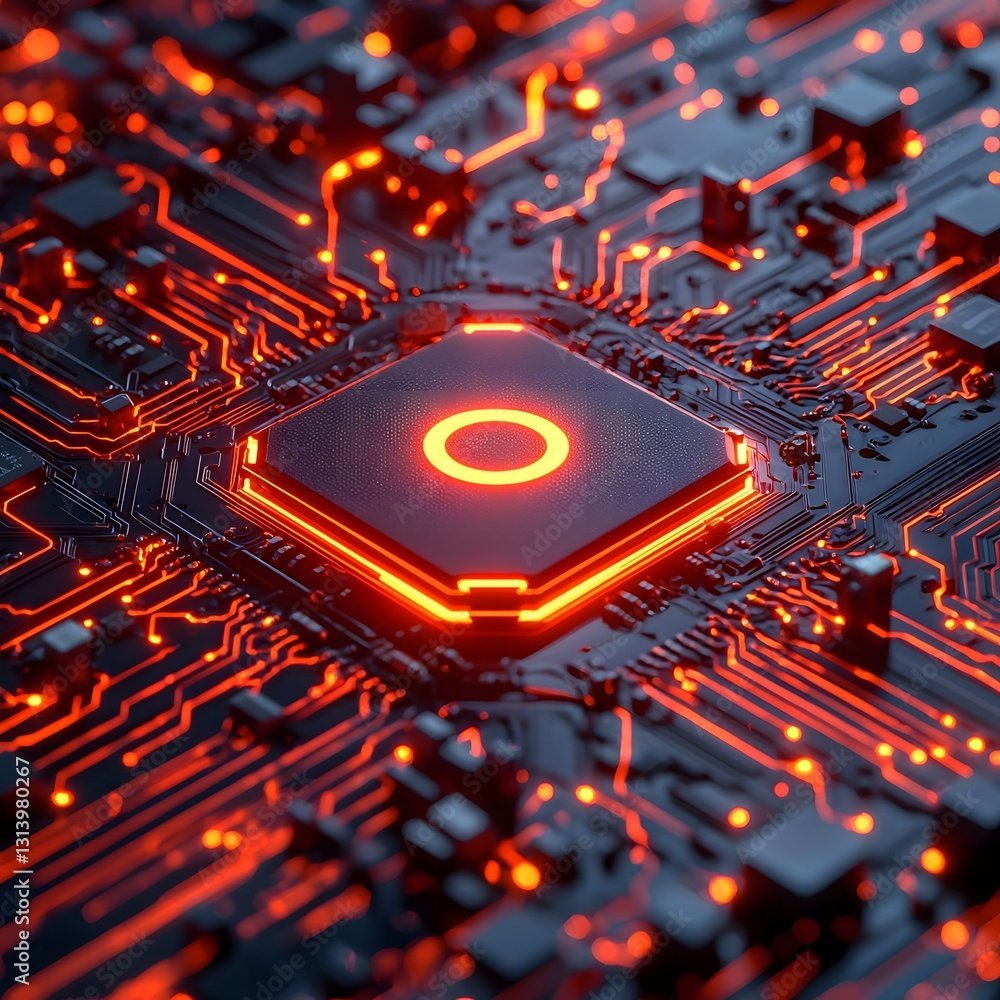 Poster minimalist glowing chip at the center of a maze like circuit symbolizing machine intelligence