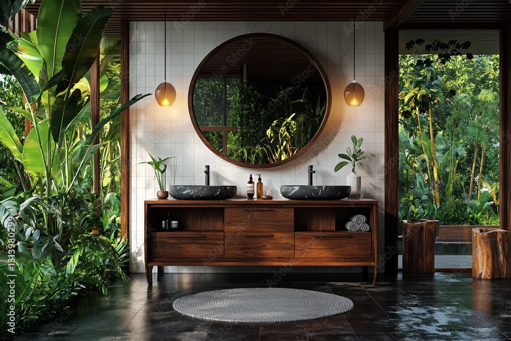 Poster a modern bathroom with minimal decor and a large round mirror is depicted in a 3d rendering, all in 