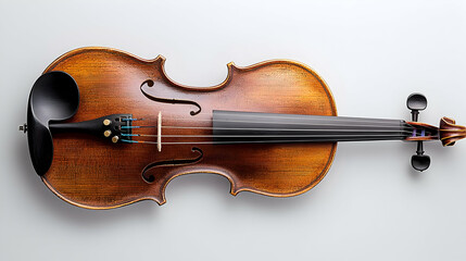 Fototapeta premium High Angle View Of An Antique Brown Violin With Black Fingerboard And Tuning Pegs On A White Background With Orchestral Lighting