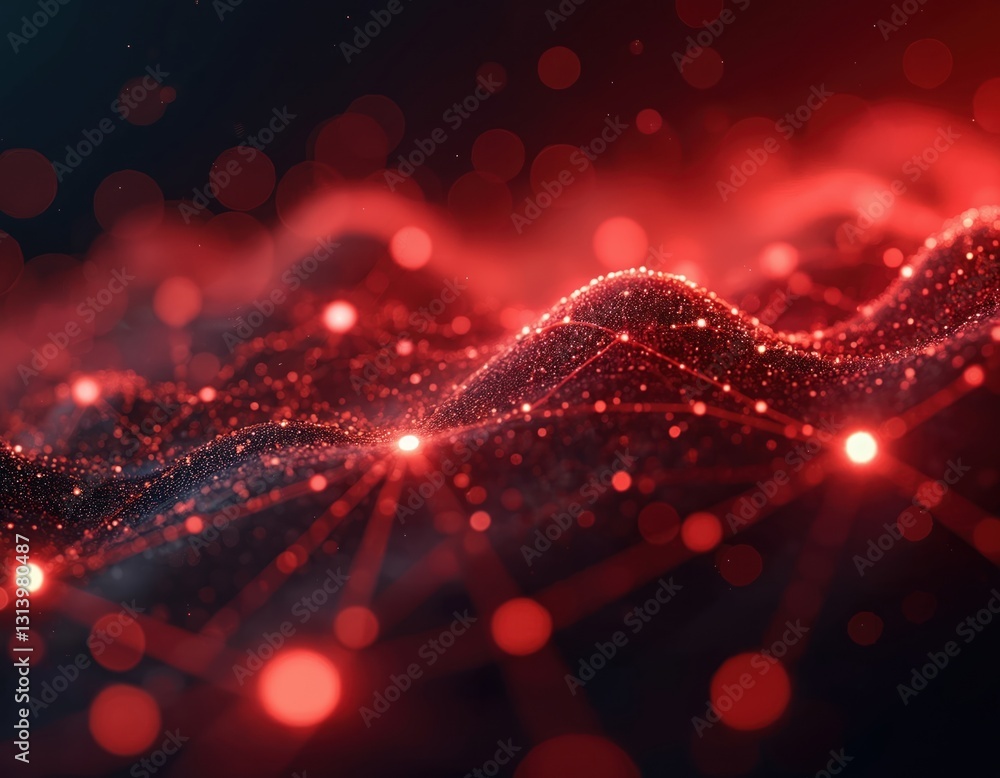 Aufkleber Abstract red network of interconnecting lines, dots against black background, representing modern connectivity. Digital data flow, tech system speed, coding infrastructure. Innovation analysis for