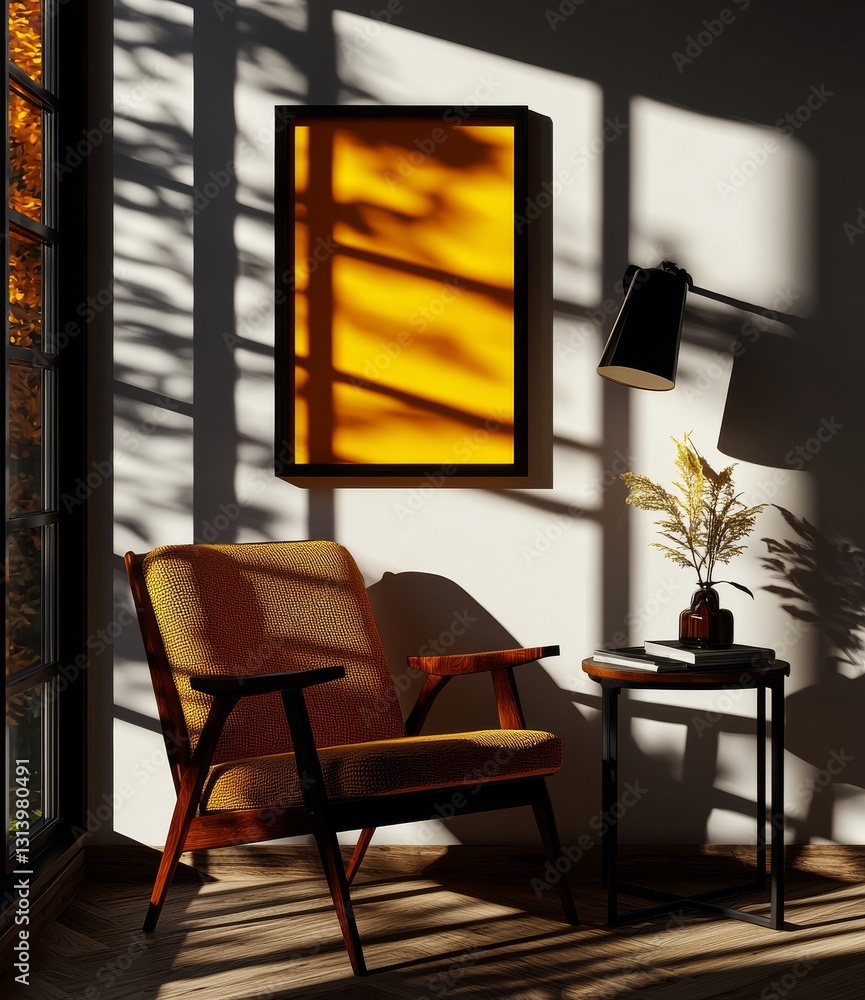 Poster create a mock-up poster frame within a scandinavian-style interior setting, characterized by minimal