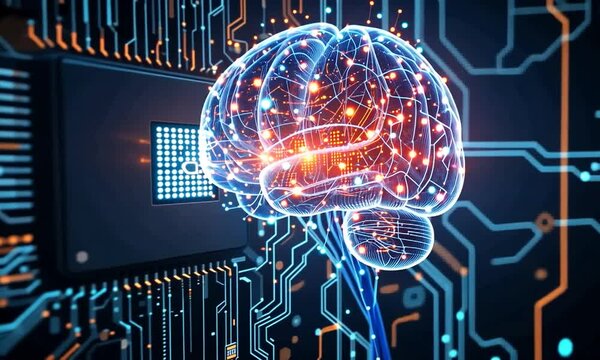 Computer Processor With Glowing Data Stream. Human Brain With Active Neurons, Illustrating The Relationship Between Artificial Intelligence And Human Intelligence. 4k