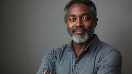 Fototapeta premium joyful middle aged black man with beard and graying hair arms crossed in gray t shirt on white background