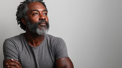 joyful middle aged black man with beard and graying hair arms crossed in gray t shirt on white background