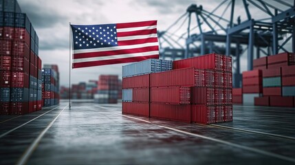 Fototapeta premium American flag waving at shipping port with stacked red cargo containers and industrial cranes