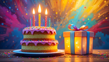 comic birthday cake with three layers, decorated with icing, sprinkles, and candles