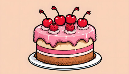 cute birthday cake in comic style, covered with pink frosting and topped with cherries