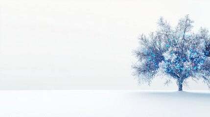 Naklejka premium Minimalist Winter Landscape Featuring White Snow Covered Ground Blue Tree Against Clear White Sky