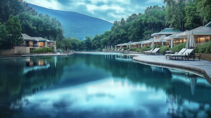 Naklejka premium Luxury lakeside resort with modern wooden cottages reflecting in calm water, surrounded by lush greenery and forest. Perfect tranquil vacation spot with copy space.