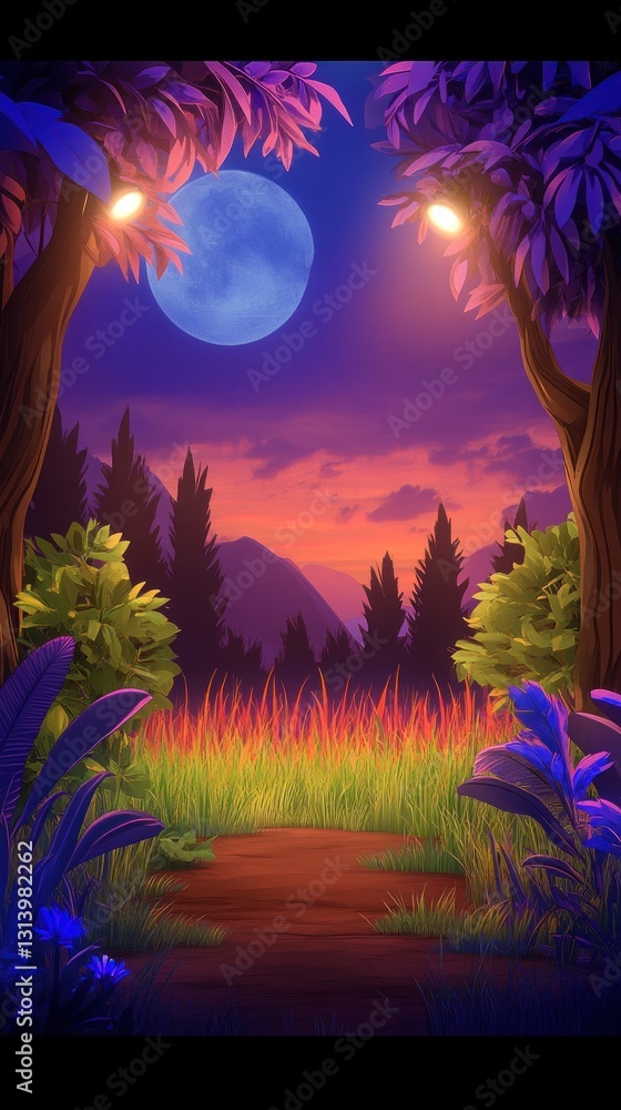 Poster forest path at twilight leads to distant mountains under a full moon with illuminated trees