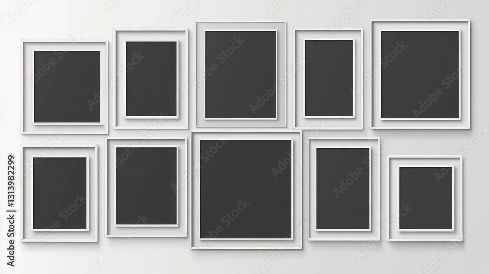 Poster arranged white picture frames gallery display on light background shadow and perspective