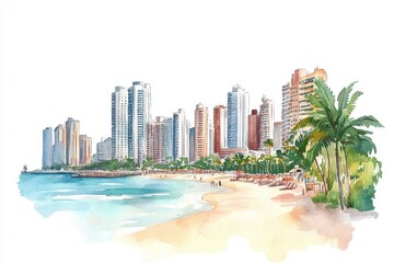 Naklejka premium A vibrant watercolor painting of a coastal city skyline with palm trees and a sandy beach, capturing a serene tropical atmosphere.